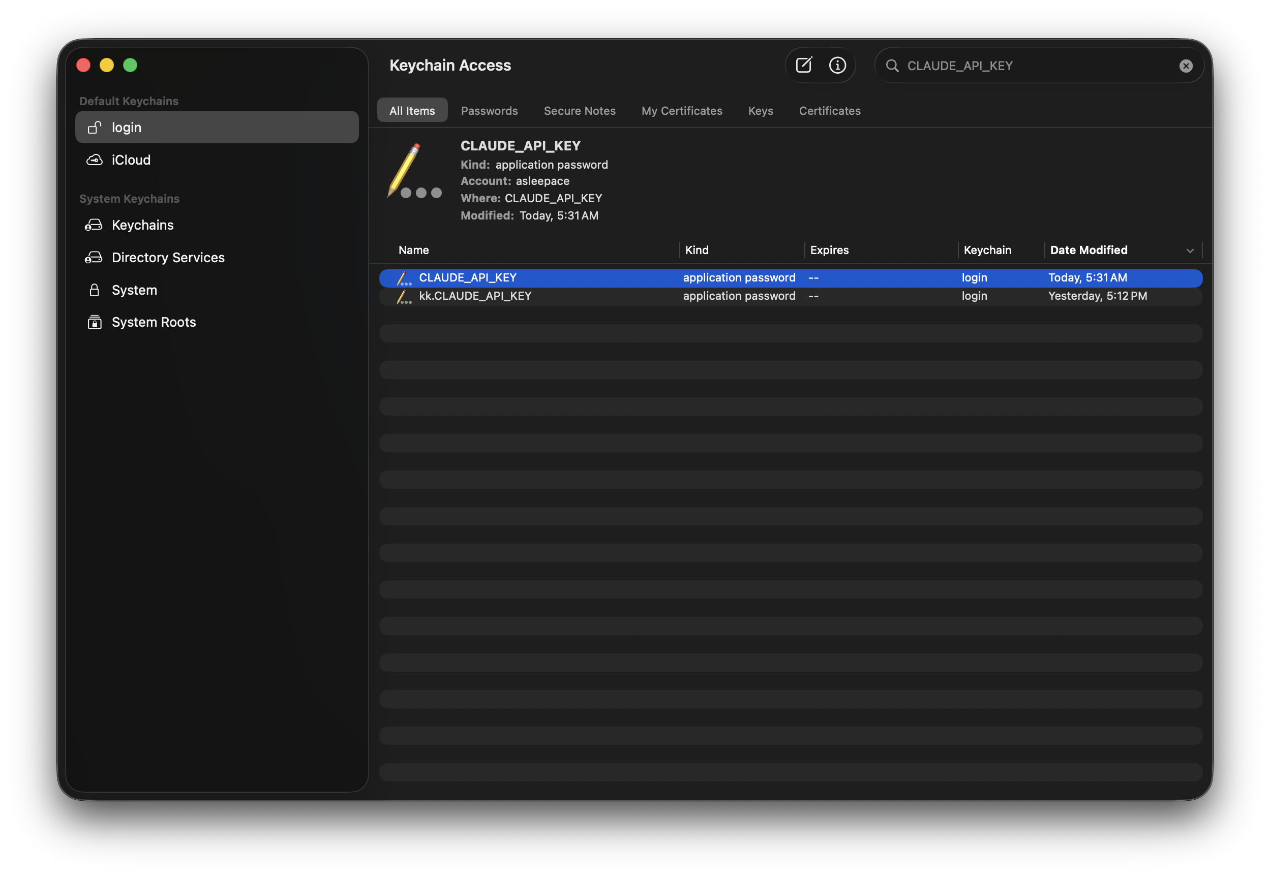 Stored api key in Keychain Access