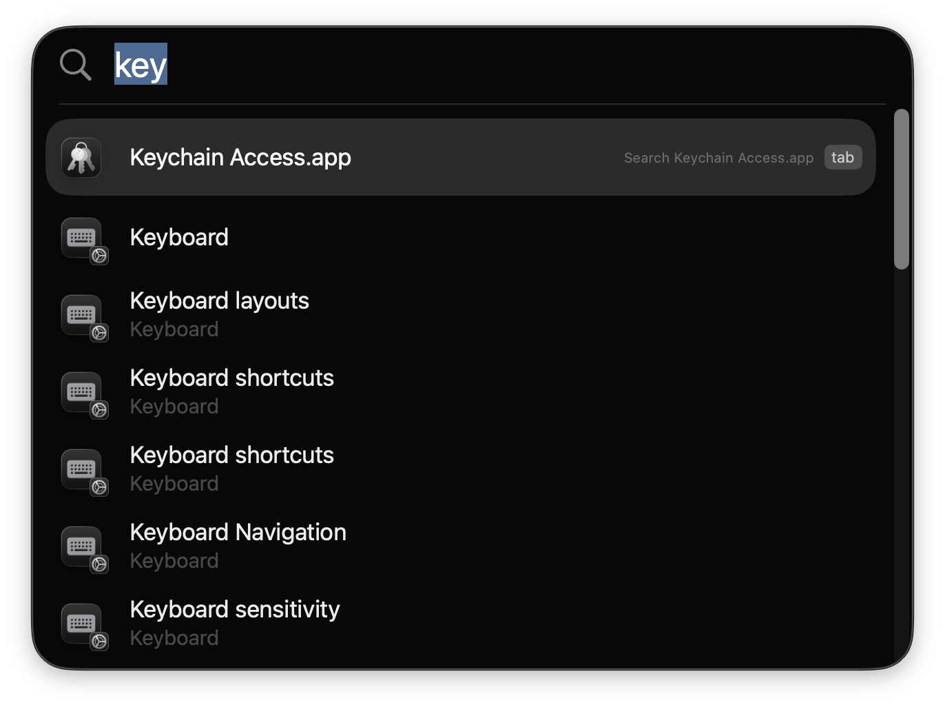 Spotlight search for Keychain Access